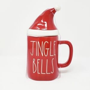 RAE DUNN Jingle Bells mug with Santa hat topper